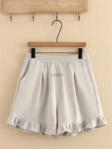 Kvinnors shorts plus size womens kläder sommar elastiska midjeshorts med veckade dekorationer längst ner i benen tunna och icke stretchable fasta shortsl2404