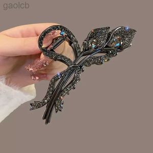 Hårklämmor Barrettes Nya Black Leaf Rhinestone Hair Claw Morning Glory Crystal Hair Clip Exquisite Elegant Womens Hair Grip Clip Hair Accessoires 240426