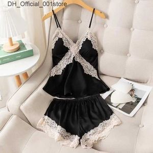 Sexy Set Summer Print Pajamas Sleep Suit Womens Satin Nightwear Tight Fit Underwear Lace Cami Shorts 2PCS Q240426