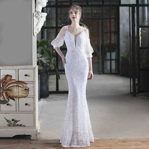 Runway Dresses YIDINGZS 2022 Sexy Off Shoulder Long White Sequin Evening Dress New Women Party Strap Dress Y240426