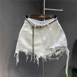 Women's Shorts 2024 New Korean White Raw Irregular Denim Skirt Womens Anti-Walk Naked Hole Pocket Exposed Short Skirt Y240425