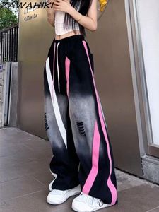 Kvinnors byxor koreanska modeamerikanska y2k breda ben hög midja lösa byxor sportiga avslappnade lapptäcke kontrastfärg hiphop chic streetwear