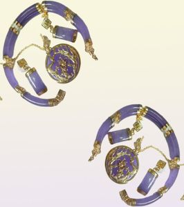 Purple Jade Gold Plated Fortune Dragon Phenix Bracelet Pendant Necklace Earrings7841964