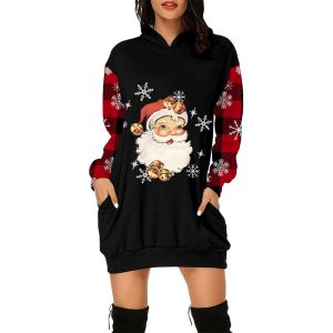 Spaccate con cappuccio vintage con cappuccio da cappuccio da cappuccio di moda Donne Merry Christmas Stampa Abito a maniche lunghe Abiti Autunno Inverno 2023 Abiti Abiti