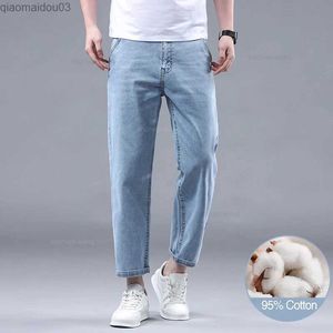 Herren Jeans neuer Sommer 95% reines Baumwoll gerade dünne Herren Jeans Klassische elastische weiche Stoff hellblau Denim Knöchel Länge Herren Jeansl2404