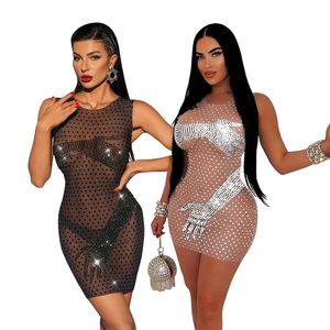 NEW Designer Sexy Mesh Mini Dress Women Sleeveless Diamonds Dresses Summer See Through Sheer Dress and Underwear Clubwear Wholesale Clothes 11015