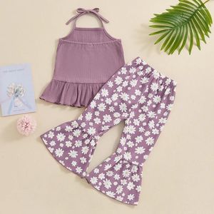 Clothing Sets Baby Kids Girls 2 Pieces Outfits Sleeveless Tie-Up Halter Neck Ribbed Ruffled Tops Daisy Flare Pants Summer Set
