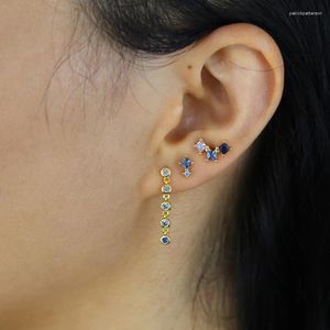 Stud Earrings 925 Sterling Silver Vermeil Colorful Stone Multi Piercing Girl Women Jewelry Geometric Round Square Blue White CZ Earring