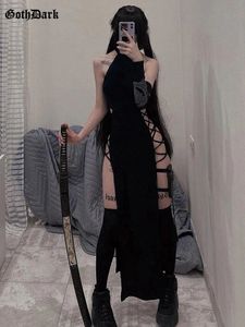 GOTH Dark Cosplay High Split Sexy Bandrage Mulheres vestidos Y2K Mall Halter gótico Slim Midi Dress Black Grunge Style Alt Partywear 240423