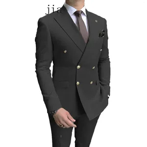 Men's Suits 2 Pcs Suit Coat Pants Set / 2024 Fashion Men Casual Business Solid Color Gold Double Breasted Wedding Blazers Jacket Trousers