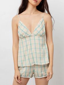 Women's Sleepwear Korean Women Pajama Sets 2 Piece Summer Spaghetti Strap Plaid Loungewear Pijama Home Suit Night Wear Suits