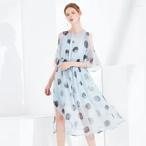 Vestidos casuais Blue Polka Dot Floral Silk Women Fashion Chiffon 2024 Verão Longo Trabalho de escritório sexy Dial