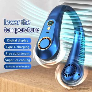 Elektriska fläktar Ny hängande halsfläkt Digital Display Power Bladeless Neckband Fan Portable Mini Air Cooler USB Raddbara Electric Fans gåva