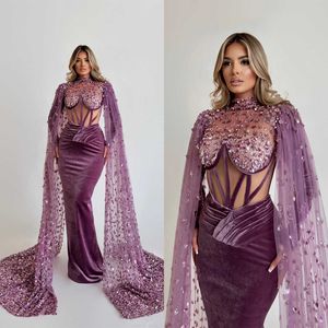 Retro High Collar Evening Dresses Mermaid Prom Gowns Beading Long Sleeve Slim Party Dress with Cape Custom Made Vestidos de noche