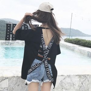 Shirts 2023 New Open Back Top Short Sleeve Korean Loose Hollow Personality Tshirt Summer