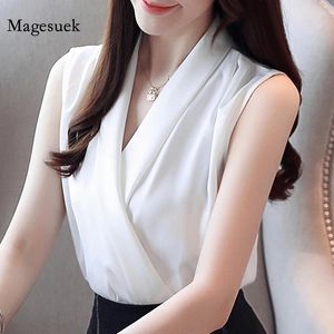 Kvinnors blusar Elegant ärmlös Chiffon Summer Silk Satin V-Neck Topps Women Fashion Korean Office Ladies White Blouse Blusa 3534