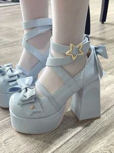 Sweet Vintage Mary Janes Shoes Women Star Buckle Lolita Kawaii Platform Shoes Female Bow-Knot Sweet Designer Shoes Summer 240418