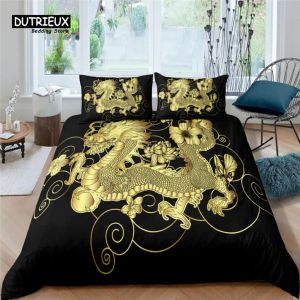 Set a casa Living Living Luxury 3D Golden Dragon Print 2/3pcs Soft Wuvet Cover e Pillowcase Kids Cased Bianche