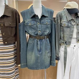 Casual Dresses Girl Retro Patchwork Lapel Denim Dress Women's Autumn Commute Sexy Off Shoulder A-line Short