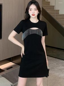 Party Dresses Black Chic Hollow Out Tassel Sexy Short Daring Summer Sleeve Bodycon Dress 2024 Women Korean Vintage