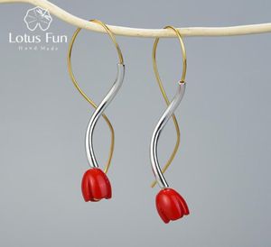 Lotus Fun Fun Real 925 Sterling Silver Handmade Designer Fine Gioielli Ethnic Ethnic Red Rose Flowle Pieging Orecchini per Donne Regalo 21053298012