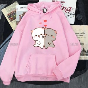 Sorto Kawaii Sweatshirts Mulheres Cartoon Tops Harajuku Roupas estéticas Novo pêssego mochi e goma foodies de gato