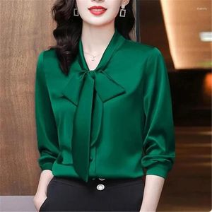 Kvinnors T-skjortor Spring Summer Overized Elegant Fashion Solid Color Bow Shirt Damer Långärmning Temperament All-Match Blouse Femme