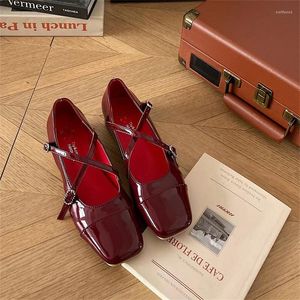 Casual Shoes Silver Red Black Kawaii Elegant Ballet Leather French Mary Jane Square Toe Low Heeled Women's Prom