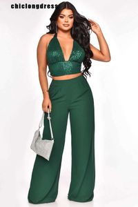 Kvinnors tvåbitar byxor Spring Summer Sexy Two Piece Set Women Fashion Sequins Halter Tank Top Wide Leg Pants Two Piece Set Women Y240426