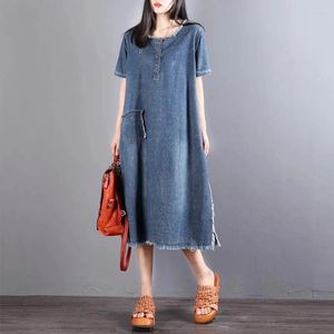 Festklänningar 2024 Summer Women's Casual O Neck Short Sleeve Jean Female Pullover Denim Loose Mid Calf Dress