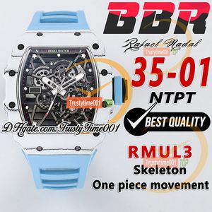 BBR 35-01 RMUL3 MEKANISK HAND-Winding Mens Watch White Ntpt Carbon Fiber Case Skeleton Dial Blue Natural Rubber Strap Super Edition Sport TrustyTime001 Watches