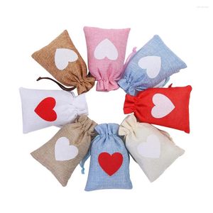 Shopping Bags 50pcs/lot 10x15cm Heart Pattern Linen Bag Drawstring Jewelry Gift Packaging Birthday Valentine Wedding Party Pouches