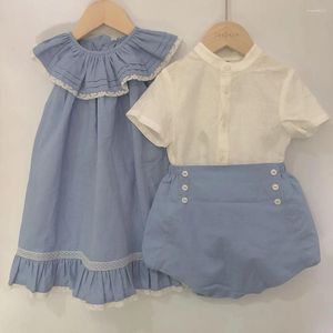 Giyim setleri çocuk butik İspanyol yaz erkek kızlar mavi kısa kollu pamuk keten set kardeşi kardeş bayram kıyafetleri doğum günü takım elbise