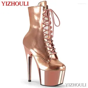 Dance Shoes 15-17cm Electroplated Stiletto Heels Sexy Ankle Boots Round Head Party Club Model Pole Dancing