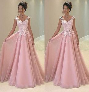 Cheap Baby Pink 2021 Prom Dresses Appliques Lace A Line Tulle Long Dresses Party Evening Formal Cocktail Party Dress3679459