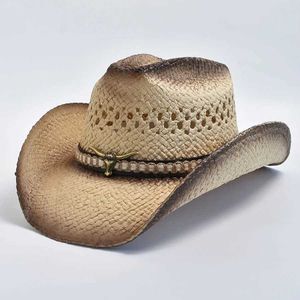 Chapéus de balde largura chapéus de balde palha natural de palha ocidental chapéu de cowboy para homens Homens de palheta de praia de verão