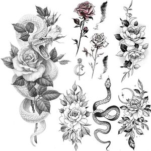 Tatuaggi tatuaggi di fiore rosa tatuaggi temporanei per donne margherite nere serpente finta adesivo tatuaggio piuma foglie grandi foglie impermeabili tatoo bady braccia 240426