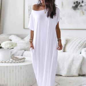 Белые женские макси -платье ежедневное повседневное распутное элегантное плечо с коротким рукавом карманная вечеринка