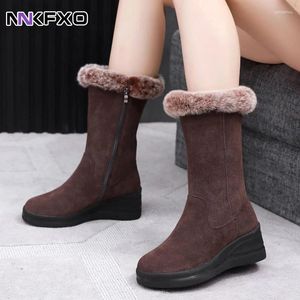 Boots High Women Warm Plexhide Ladies Long Confortable Winter Female Wedge Algody Cotton Shoes Mid-Calf Fur Zapatos Mujer