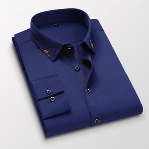 Men's Dress Shirts Luxury Embroidered Long Sleeve Shirt Slim Fashion Business Casual Anti-Wrinkle No-Iron Stretch Male