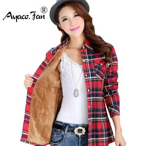 Jackets Women Shirt Thick Tops Blusa Camisa Femininas Autumn Winter Warm Cotton Long Sleeve Velvet Plaid Blouse Flannel Office Shirts