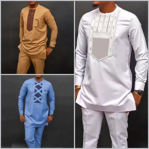 2PC Luksusowe afrykańskie tradycyjne odzież męskie Eleganckie pełne garnitury męskie zestawy spodni do ubierania się rodzimego stroju etnicznego dashiki kaftan 240416