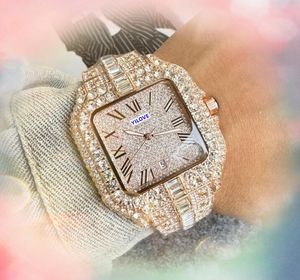 Beliebte Herren große Zifferblatt Uhren Automatisches Datum Quarz Batterie Kernzeituhr Shiny Starry Diamonds Ring Good Eceed Hip Hop Square Römische Panzer Uhr Montre de Luxe