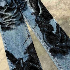 Men's Jeans style wide foot angel pattern y2k jeans womens autumn winter printed fashionable ethnic pants H240425