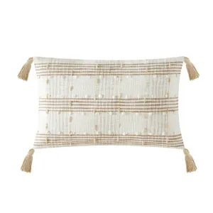 Poduszka bawełniana w kratę podłużna z frędzlami i wkładką do napełniania Poly Beige 14 „x 24”