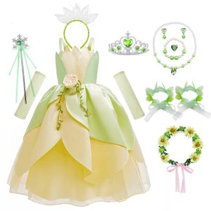 Kid Tiana Dress Frog Girls Princess Cosplay Halloween Elves Costume Party Spädbarn Green Off Shoulder Ball Gown Tiana 240417