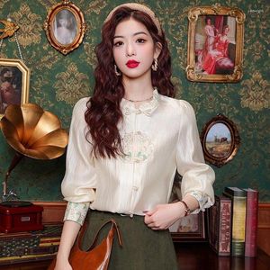 Blusas femininas Camisas de cetim Bordado de verão estilo chinês de manga longa de manga longa Tops O-pescoço Vintage Clothing ycmyunyan