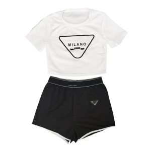 Fashionable Women's Sportswear Designer Two Piece Set Letter Print Bare Navel Sexy Short Sleeve T-Shirt Shorts Casual Sports Suit Round Neck Suit Solid Color Jogging