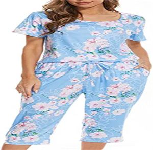 Kvinnors hemkläder pyjamas set shorts mjuka lounge set söta korta ärm sömnkläder pjs med fickor-var floral5593974