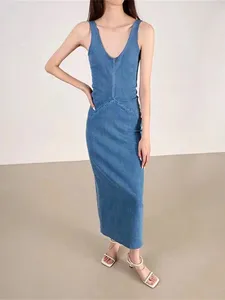 Lässige Kleider blau Frauen Denim Tank Kleider ärmellose Reißverschluss Schlitz Baumwolle Vintage 2024 Sommer Ladies Midi Roben